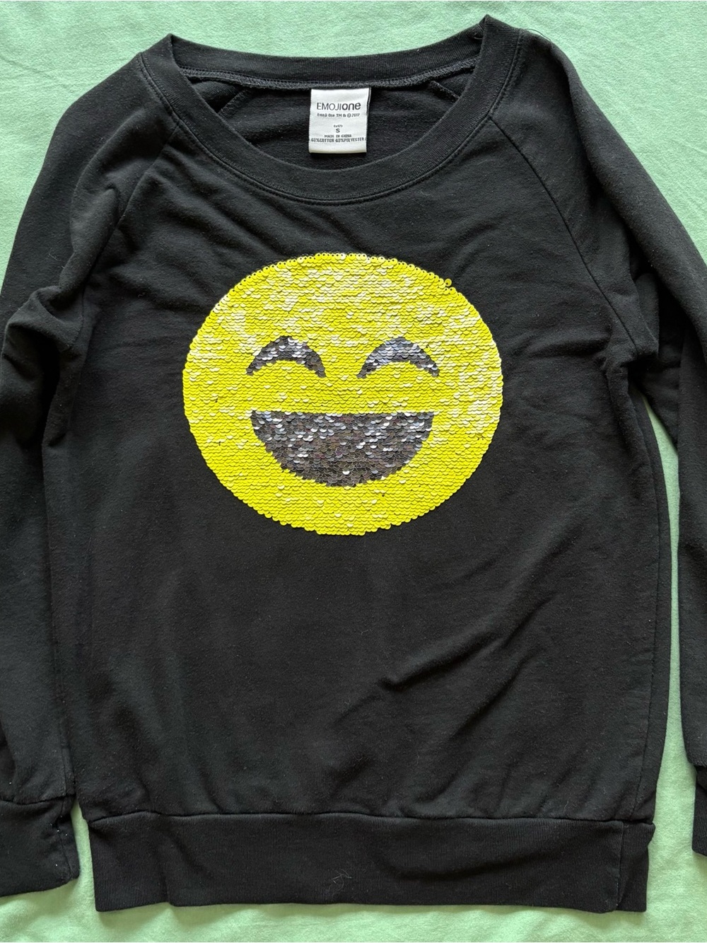 Black Sweatshirt with Yellow Sequin Smile Frown Emoji Flip Emojione